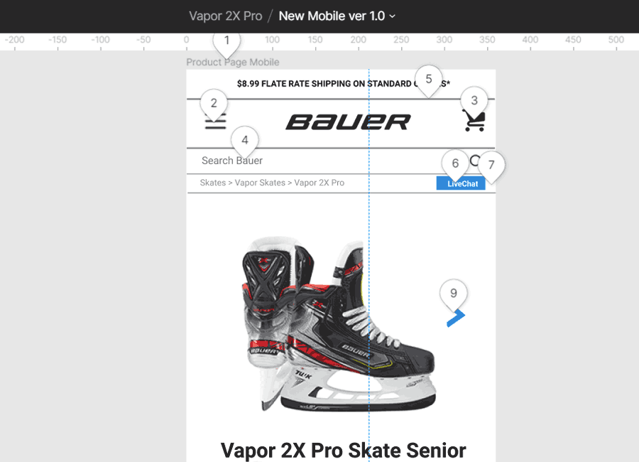 screen capture of a ice hockey skate sales advertisement marked up with notes using Figma