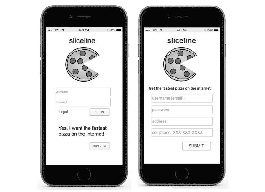 illustration of two cell phone screens showing different views of ordering pizza